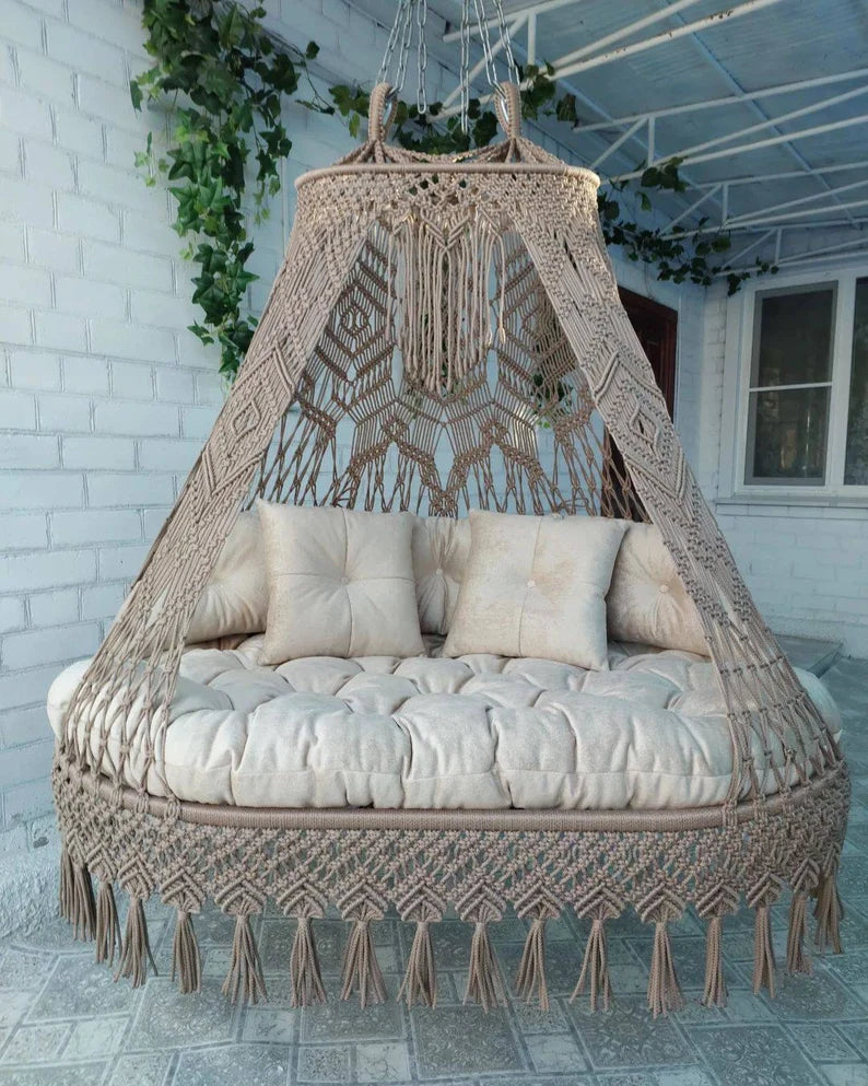 Brown Macrame Sofa Swing With Mattress And Cushions - Leechoo